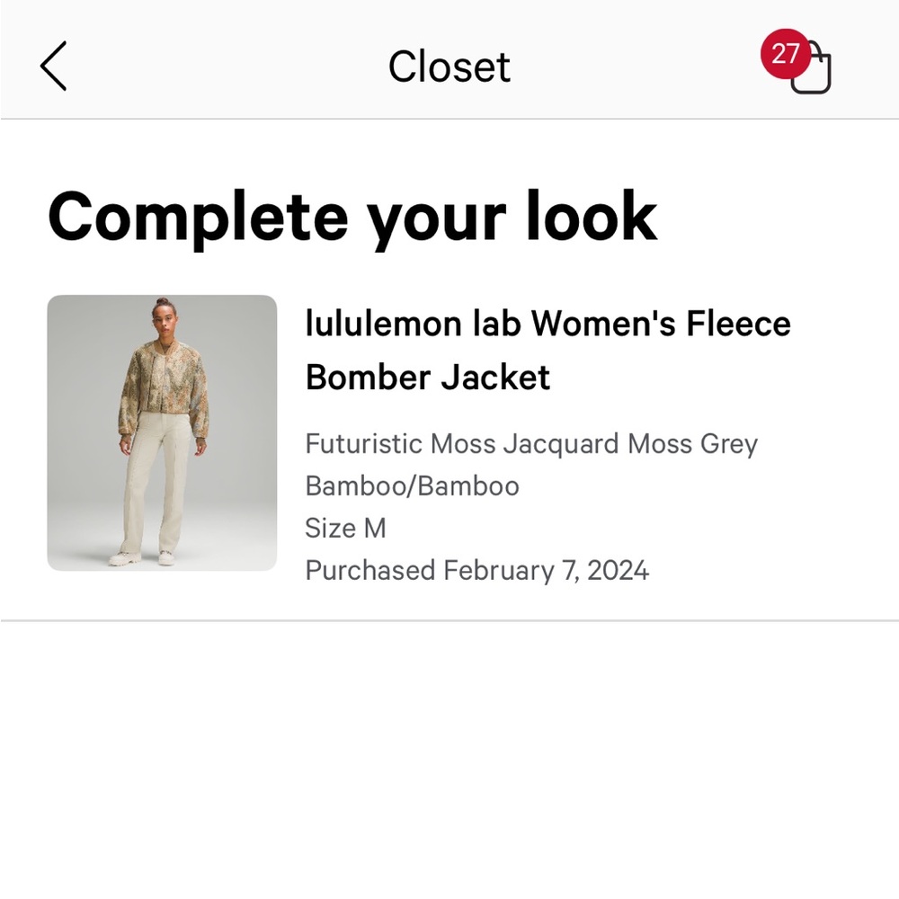 Lululemon Lab Women’s Fleece Bomber Jacket